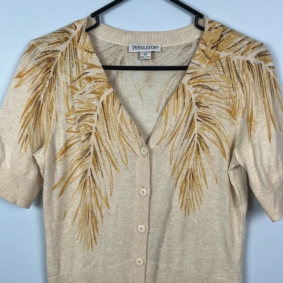 Pendleton cotton wheat patterned knit short sleeved button-down cardigan - Picture 2 of 10